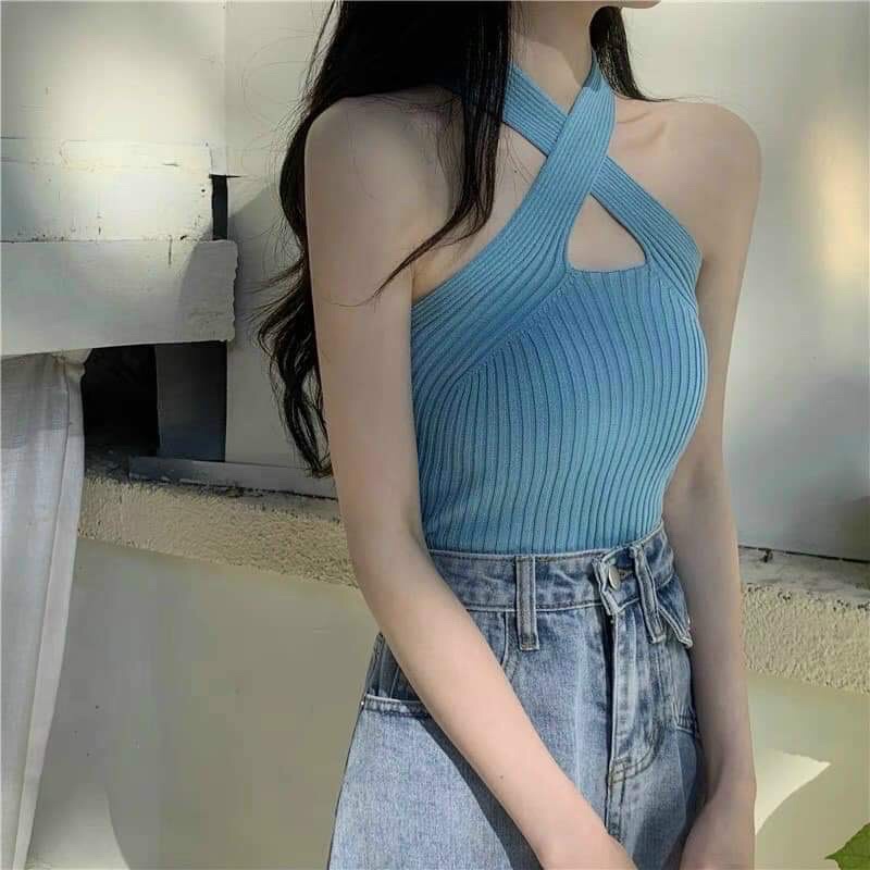 Áo len nữ dệt kim dây chéo ngực sexy hàng Quảng Châu