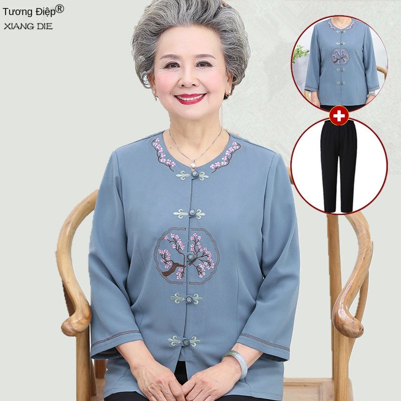 Người già mùa xuân và mùa hè cotton và vải lanh tay áo phù hợp với nữ áo sơ mi mẹ áo bà già bà già | BigBuy360 - bigbuy360.vn
