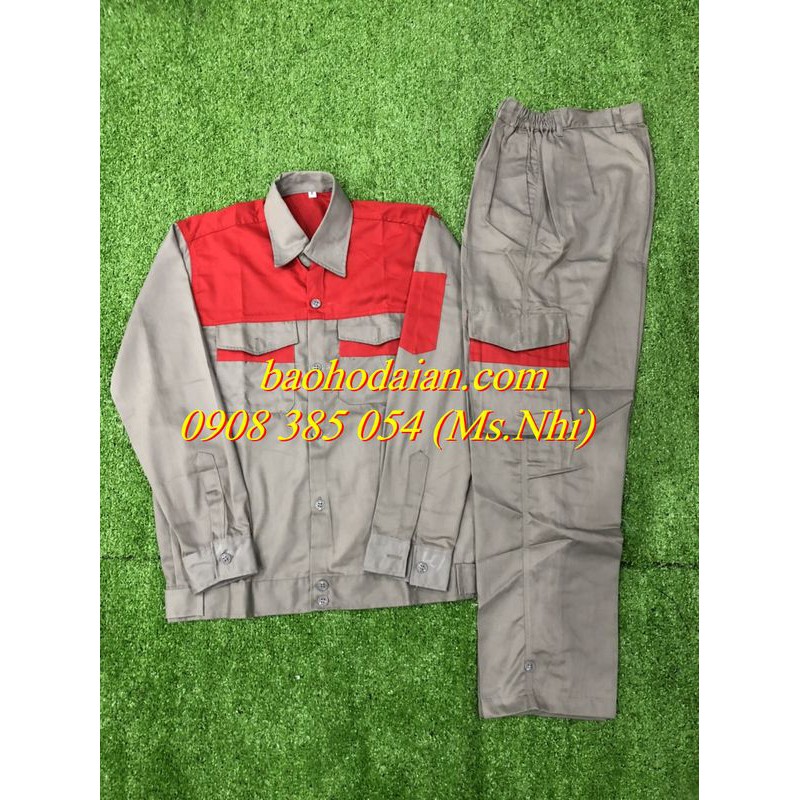 Quần áo bảo hộ lao động màu ghi đất phối đỏ vải kaki thấm hút mồ hôi M12- Hình thật
