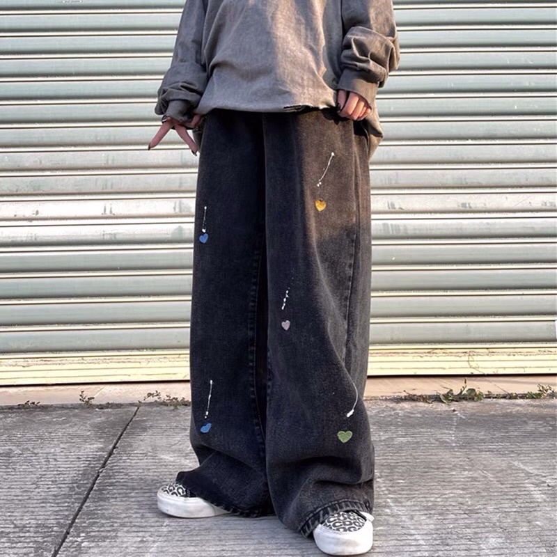 Quần bò jeans ống rộng oversize thêu hình trái tim form rộng hiphop siêu chất ❤️