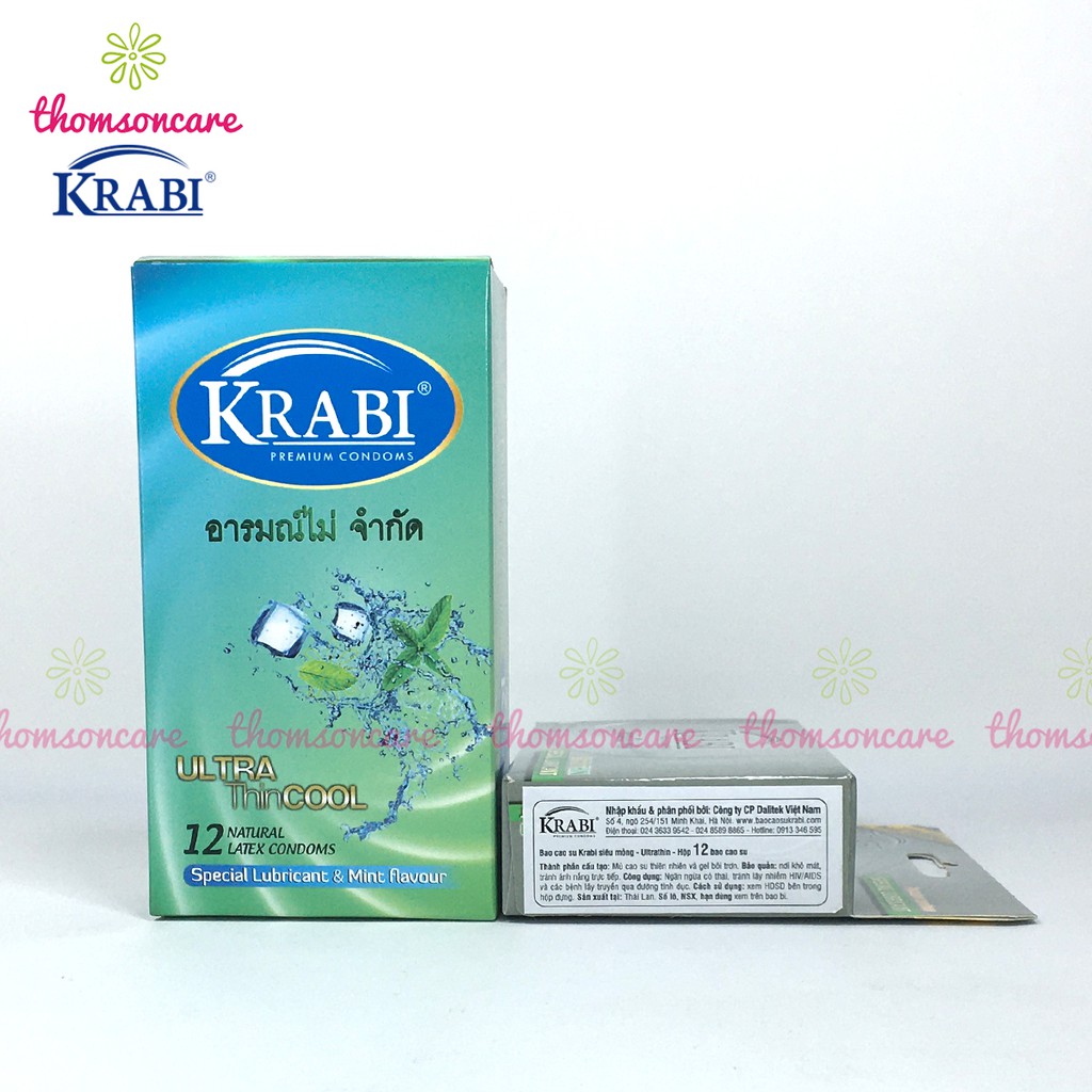 Bao cao su Krabi - bcs gân gai siêu mỏng, kéo dài thời gian bôi trơn, 49mm đôn dên - Hộp 12 chiếc condom từ Thái Lantốt