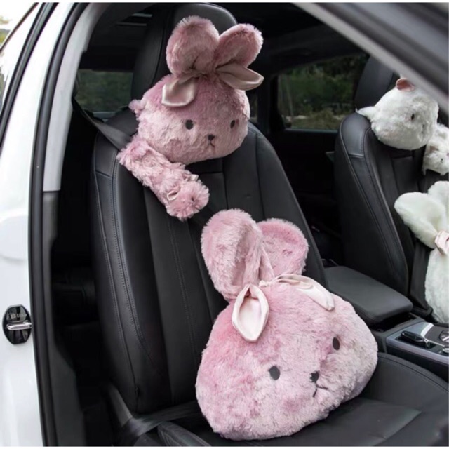 Set Gối Tựa Lưng Xe Hơi, Tựa Đầu Bọc Dây Thỏ Hồng ❤️️FREESHIP ❤️ Gối Tựa Lưng Xe Hơi Chính Hãng Cao Cấp