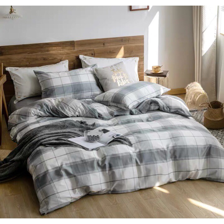 Bộ chăn ga gối cotton tici kẻ VIE HOME bedding, họa tiết kẻ dễ thương