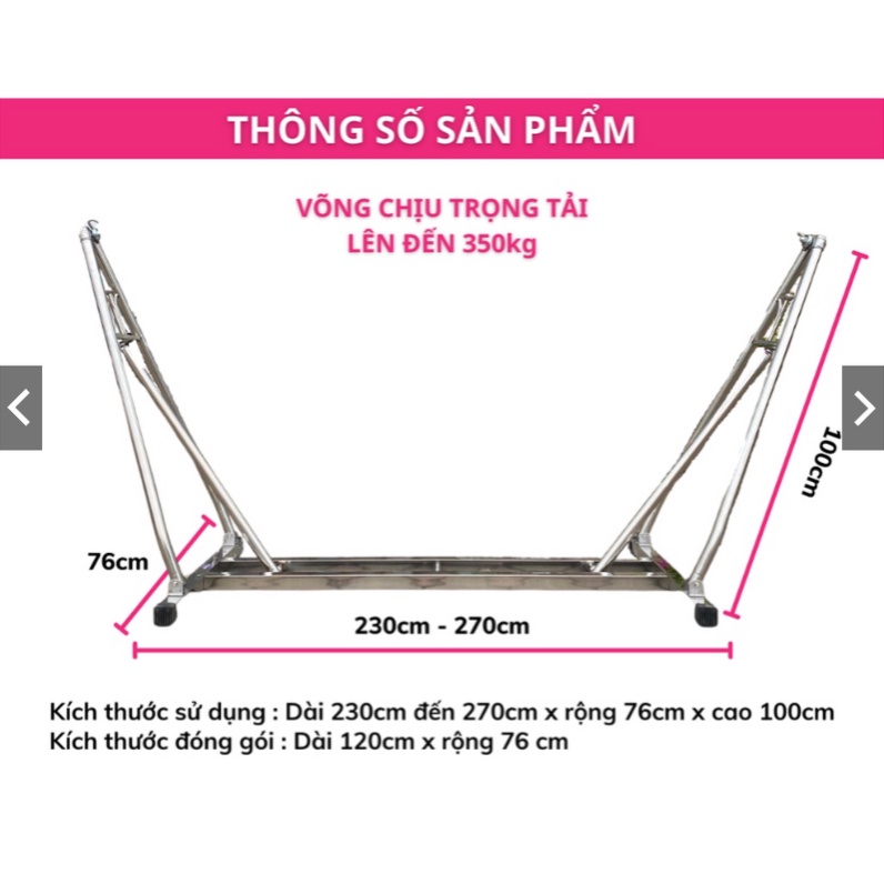 Võng xếp inox khung vuông kèm lưới chính hãng chịu tải 300kg bảo hành 1 năm