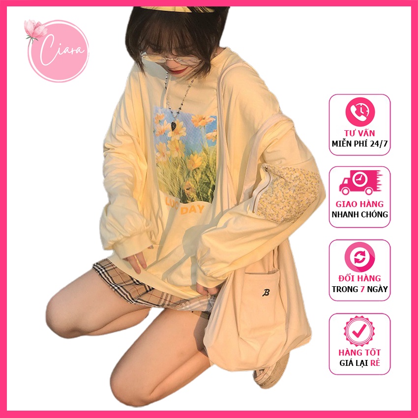 Áo phông nữ form rộng hàn quốc lucky 2021 Ciara Shop TB37, áo thun form rộng tay dài có khoá kéo ở tay
