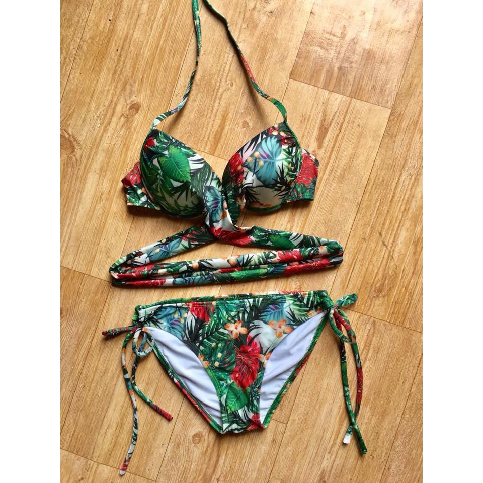 Bikini hai mảnh họa tiết hoa lá cột chéo sexy