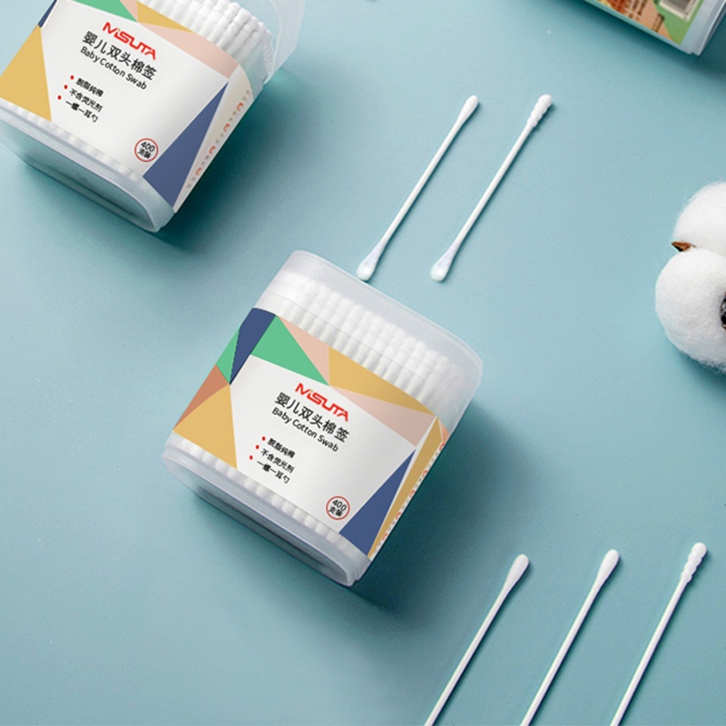Bông tăm ngoáy tai, vệ sinh mũi cho trẻ sơ sinh 2 đầu tiện lợi Misuta hộp 400 que hoàn toàn từ bông xơ tự nhiên