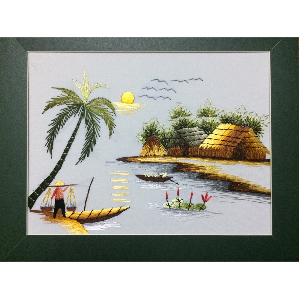 Tranh thêu phong cảnh 20x25cm -Đồng quê cây dừa DQCD001 - E3 Audio Miền Nam