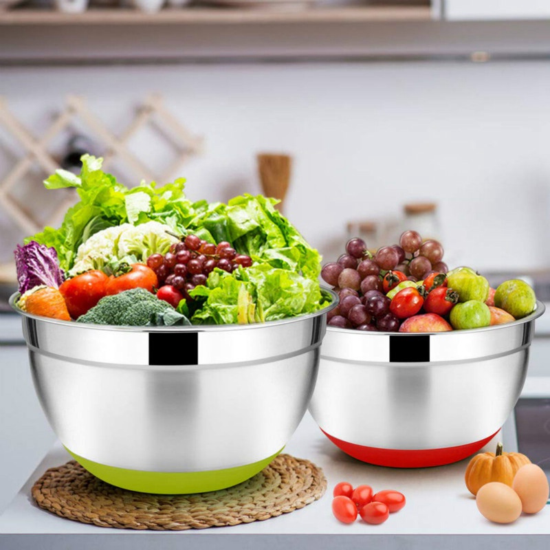 Bộ 5 Tô Trộn Bằng Thép Không Gỉ Đường Kính 18-26cm Có Nắp Chống Trượt