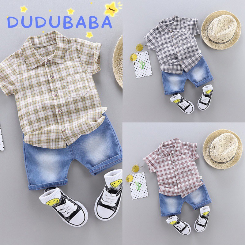 Set áo sơ mi kẻ sọc caro + quần short jean thời trang năng động cho bé trai