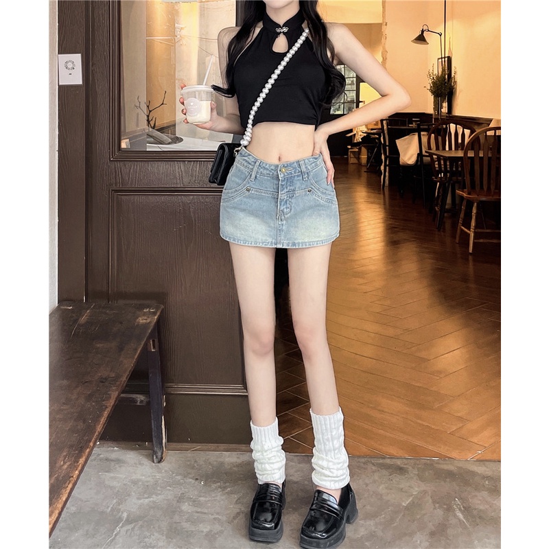 Kumikumi HUANG YOYO Chân váy jean Ngắn Lưng Cao Phong Cách retro Mỹ Thời Trang Mùa Hè 2023 Dành Cho Bạn Nữ