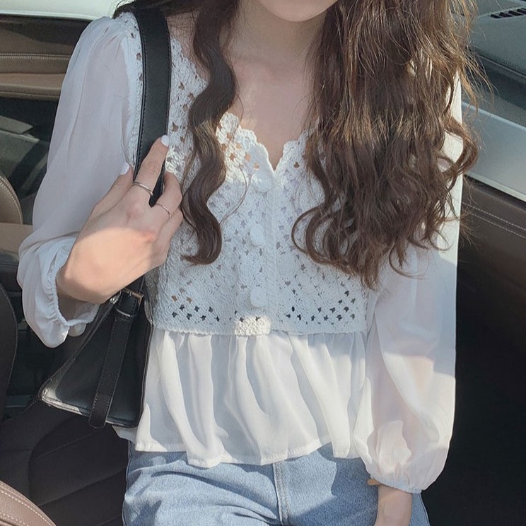 Áo sơ mi chiffon tay dài phối ren phong cách cho nữ 42253