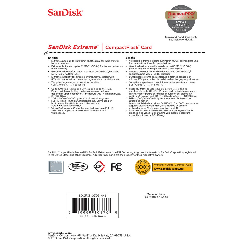 Thẻ nhớ CF SanDisk Extreme S 800X - 64GB - 120MB/s - Bảo hành 5 năm