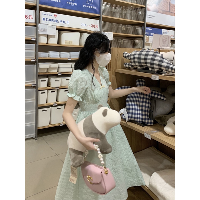 Đầm Midi Tay Phồng Cổ Chữ V Màu Xanh Lá Phong Cách Pháp Thời Trang Mùa Hè Hàng Mới Dành Cho Bạn Nữ
