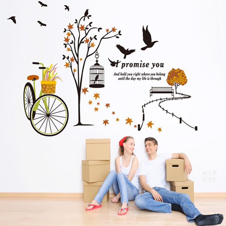 Decal dán tường hình xe đạp lồng chim cây nhỏ decor trang trí nhà cửa đa chức năng
