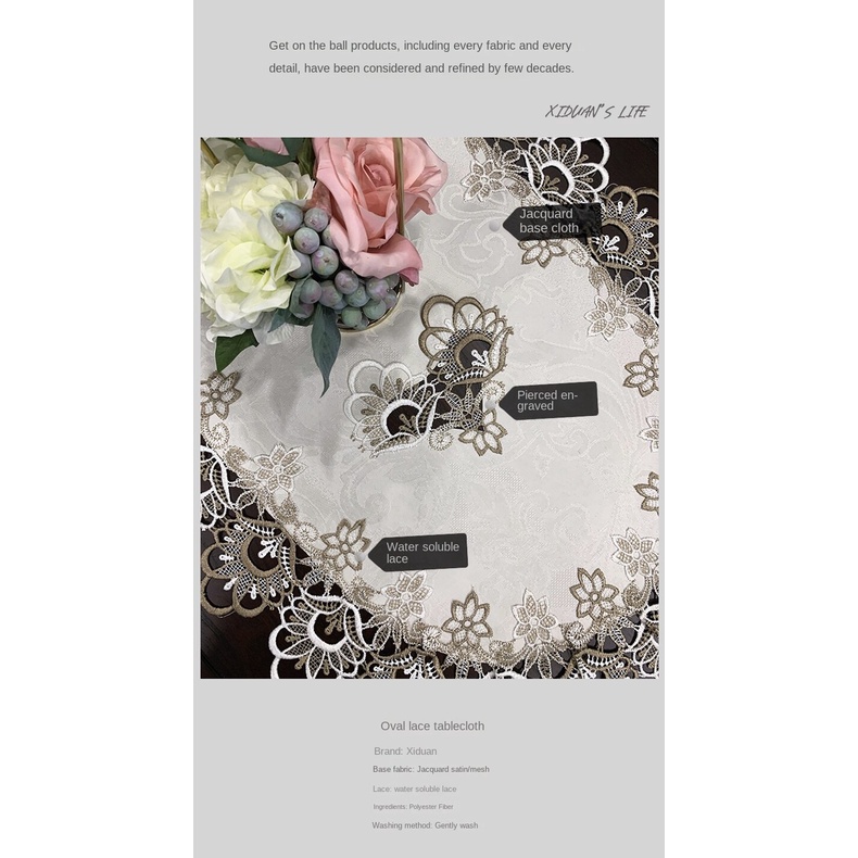 Khăn Trải Bàn Cà Phê Hình Oval Phối Ren Phong Cách Châu Âu