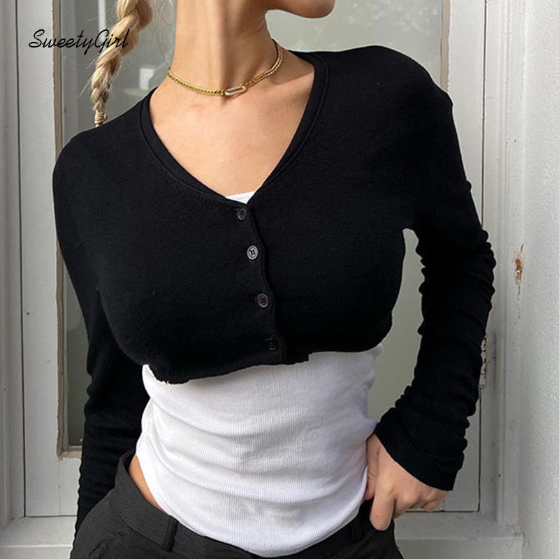 Áo Thun Crop Top Tay Dài Cổ Chữ V Màu Đen Trơn Cài Nút Thời Trang 2022 Quyến Rũ Cho Nữ