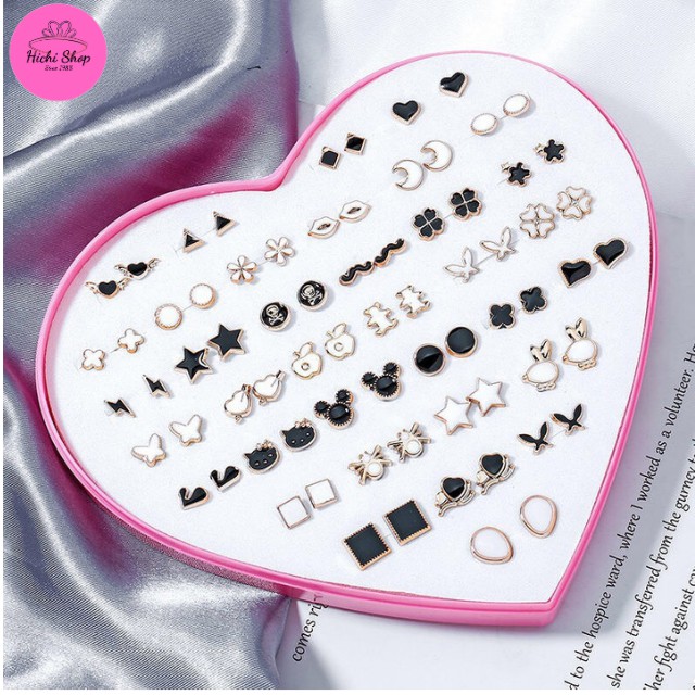 Set 36 đôi khuyên tai hộp trái tim, bông tai nhựa, hoa tai đính đá nhiều kiểu dáng