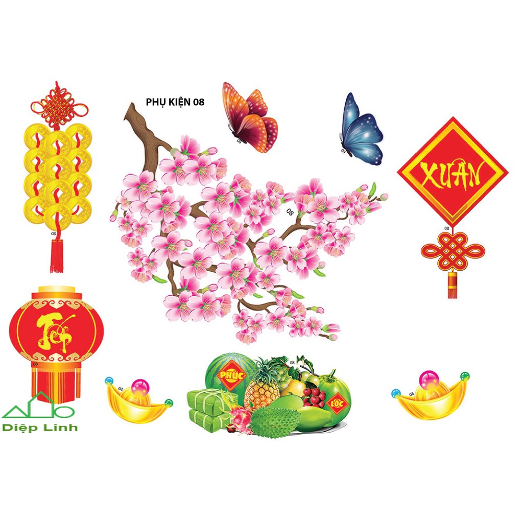 Decal trang trí tết hoa mai hoa đào nổi 4D size nhỏ