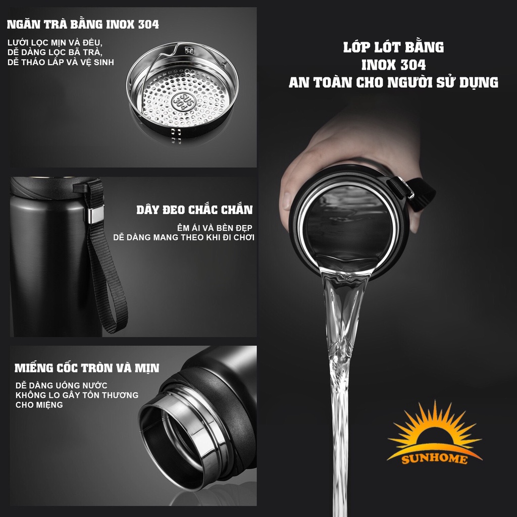 Bình giữ nhiệt nóng lạnh 48 giờ SUNHOME đựng nước inox 304 dung tích 600ml, 800ml, 1000ml, 1500ml khắc tên theo yêu cầu