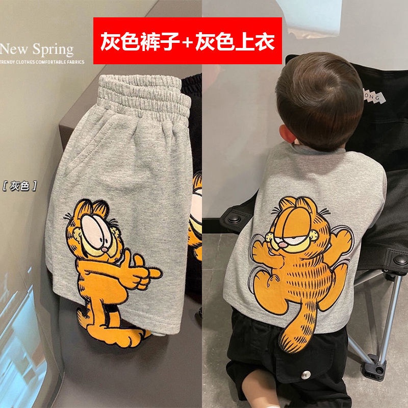♕ Trẻ nhỏ ♕ Bộ Áo Thun + Quần Thêu Hình Mèo Garfield Thời Trang Mùa Hè Cho Bé Trai