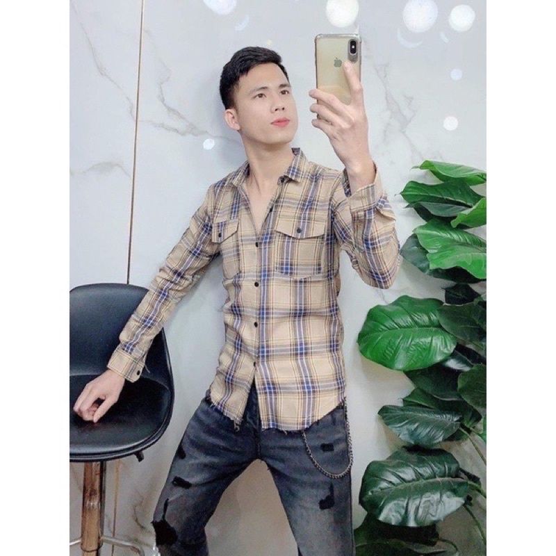 Sơ mi kẻ 2 túi ngực , sơ mi nam kẻ pha màu