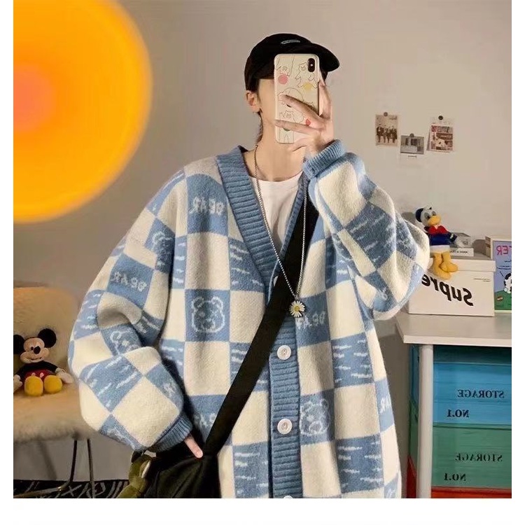 Áo khoác len cardigan dáng rộng in hình gấu phong cách Nhật cổ điển cho nam nữ