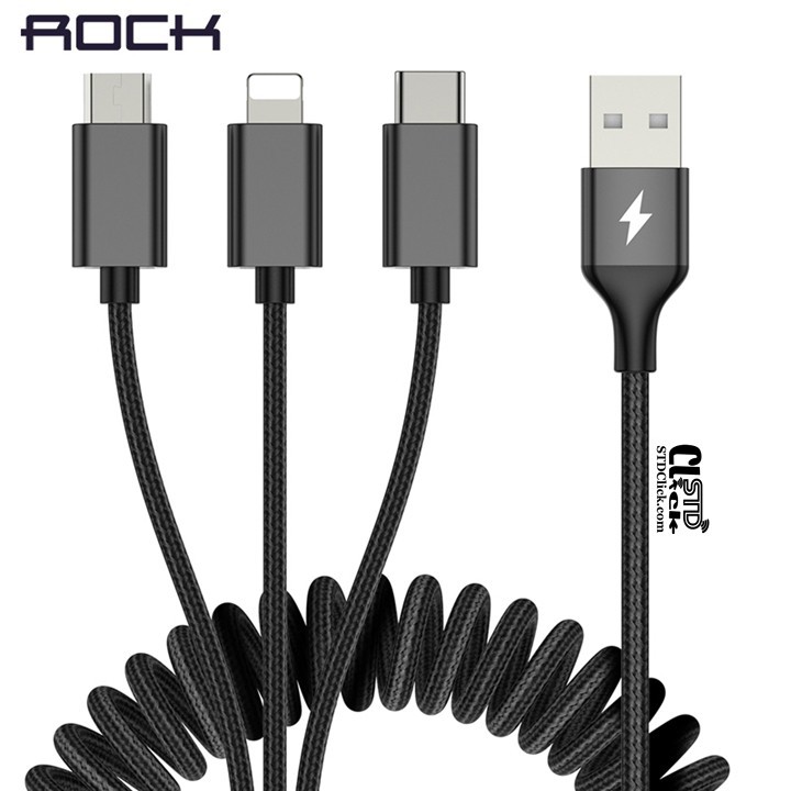 CÁP SẠC 3 IN 1 LIGHTNING TYPE C VÀ MICRO ROCK SPACE DẠNG DÂY LÒ XO 3.3A 200CM CHÍNH HÃNG HÀNG CHUẨN