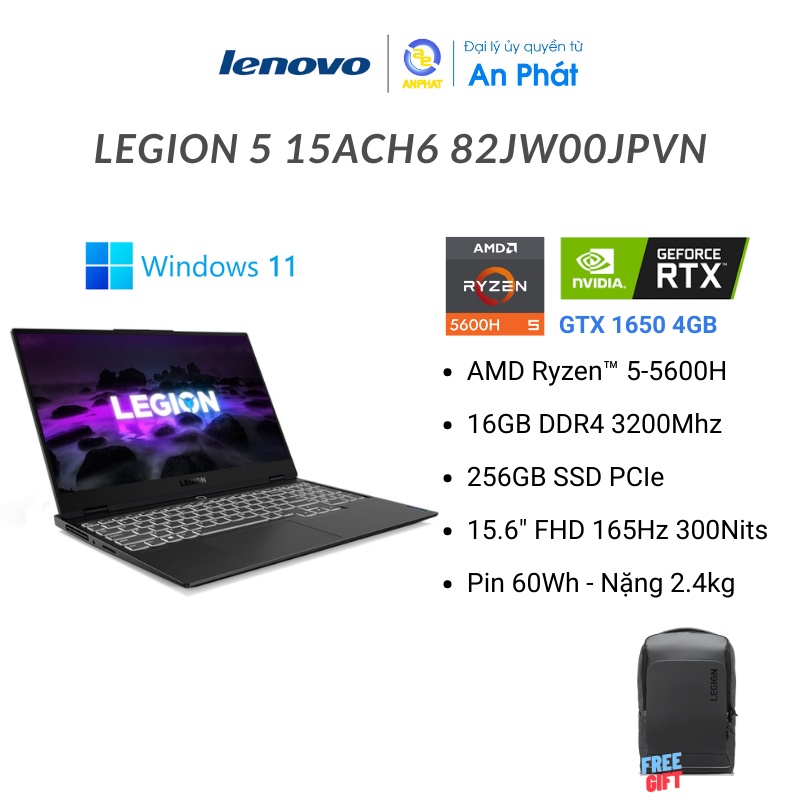 Laptop Lenovo Legion 5 15ACH6 82JW00JPVN (Ryzen™ 5-5600H_GTX 1650 4GB _15.6 FHD_Xanh)