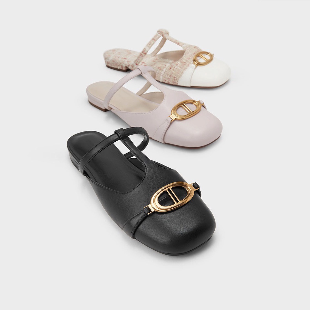 [Form To] Sục Giày mules Cnk nữ mũi tròn vuông hở gót Metallic Accent Vải Dạ Kẻ Tweet  khuy khóa vàng AILEE.st