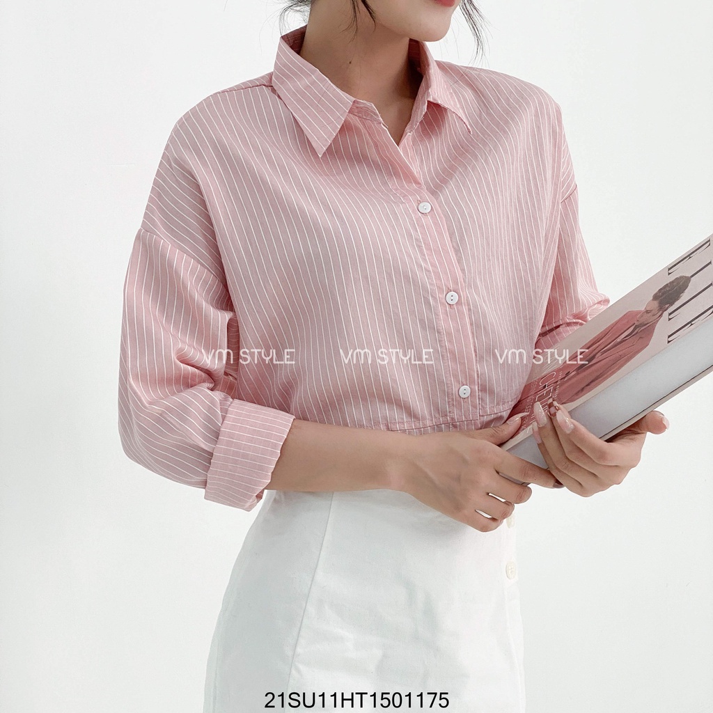 Áo sơ mi nữ kẻ sọc VM STYLE form rộng vạt bầu dài tay nhiều màu - 21SU11HT1501