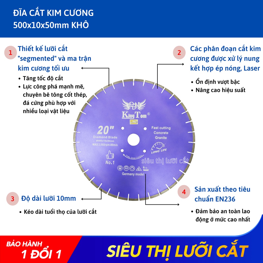 Lưỡi Cắt Granite 500mm KingTom Tím Khô – Chuyên Bê Tông Cốt Thép - Giá Siêu Tốt