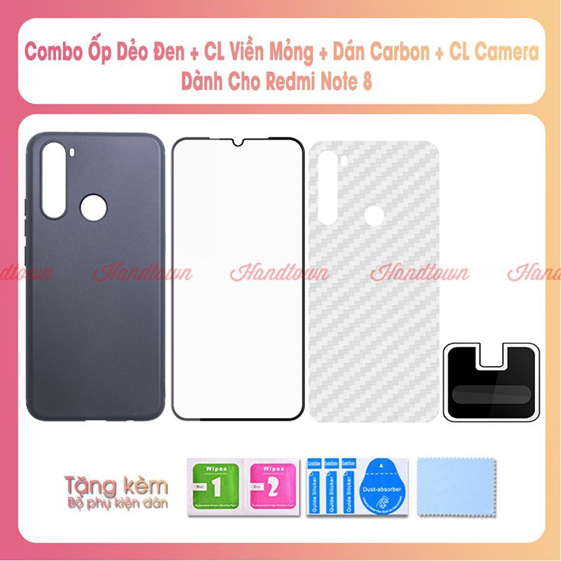 Combo Kính cường lực viền mỏng, cường lực camera và miếng dán lưng cacbon, Ốp Lưng cho Xiaomi Redmi Note 8