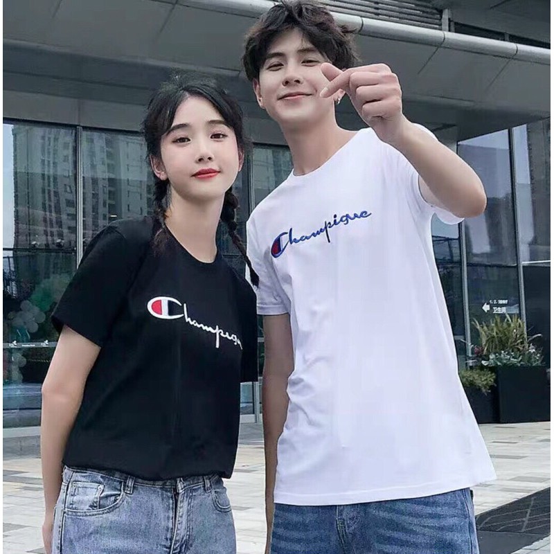 Áo phông thêu Champion unisex tay lỡ,áo thun form rộng