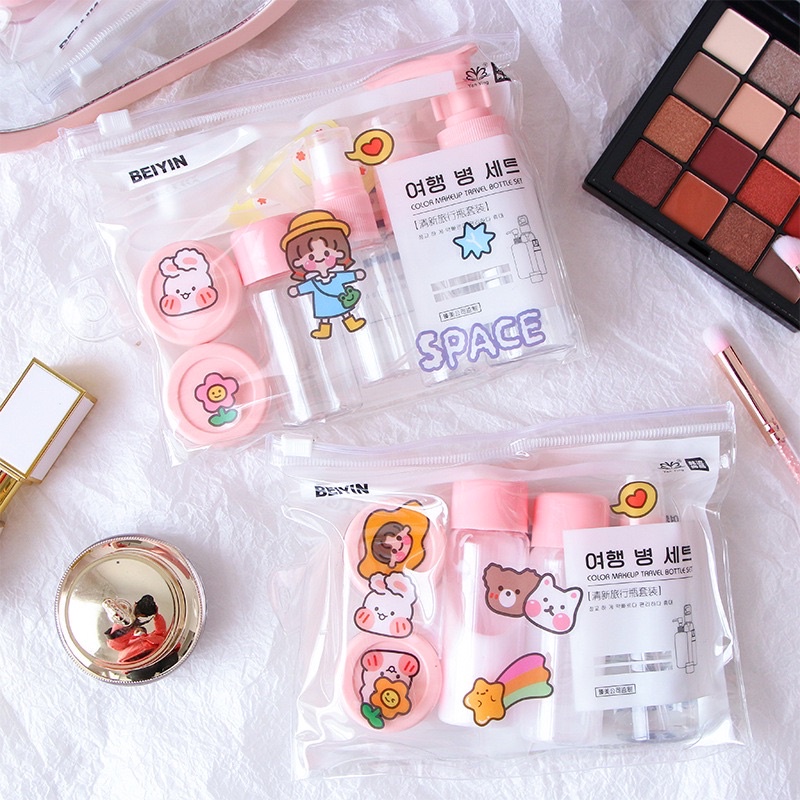 Bộ chiết mĩ phẩm mini du lịch kèm túi Zip - Bộ chiếc mỹ phẩm du lịch 7 nó nhỏ gọn siêu tiện lợi bằng nhựa trong suốt