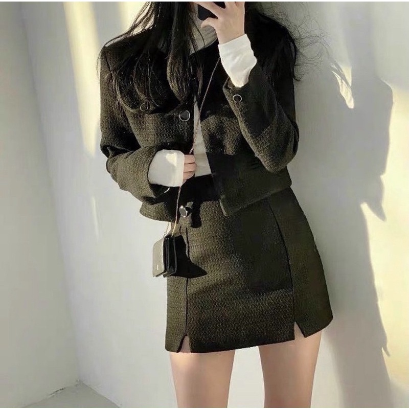 SET DẠ TWEED ĐEN + CHÂN VÁY XẺ