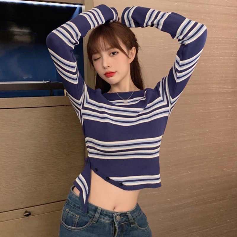 Áo Dệt Kim Tay Dài Kẻ Sọc Hở Vai Classy_Girl Ôm Dáng Trẻ Trung Thời Trang Hàn Quốc