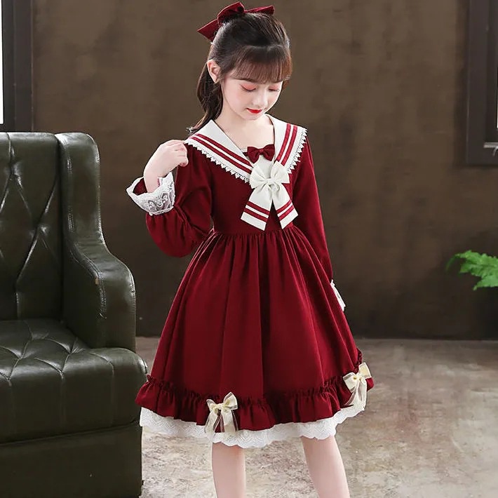 Đầm Công Chúa Tay Dài Phong Cách Lolita Dễ Thương Cho Bé Gái 3-14 Tuổi