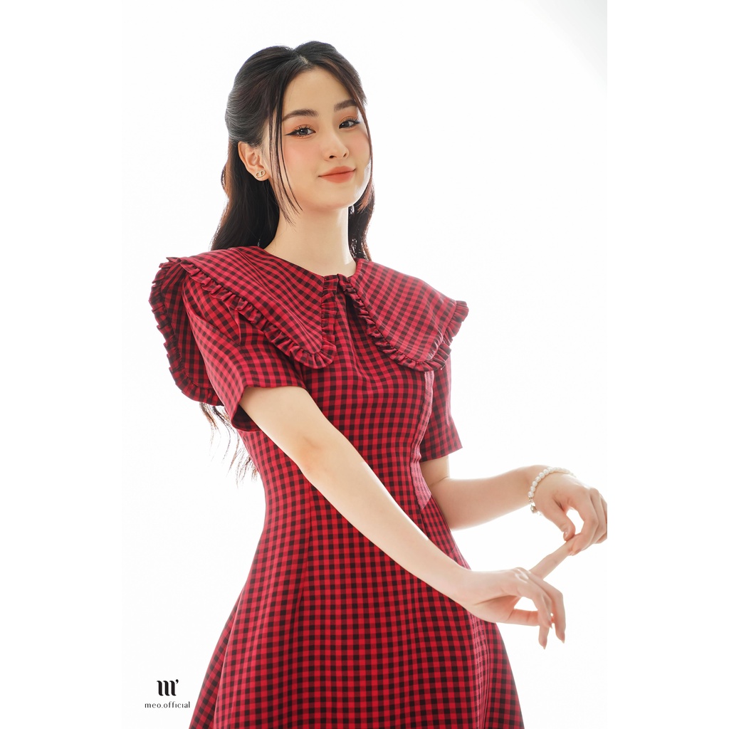 Đầm nữ Méo shop ngắn tay cổ bèo hoạ tiết kẻ dáng xòe TUSLY