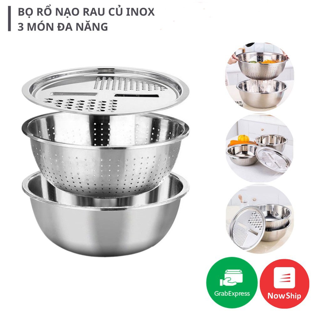 Bộ rộ nạo inox đa năng 3 trong 1, kèm bộ nạo, bát inox trộn rau củ - VUA BAO BÌ