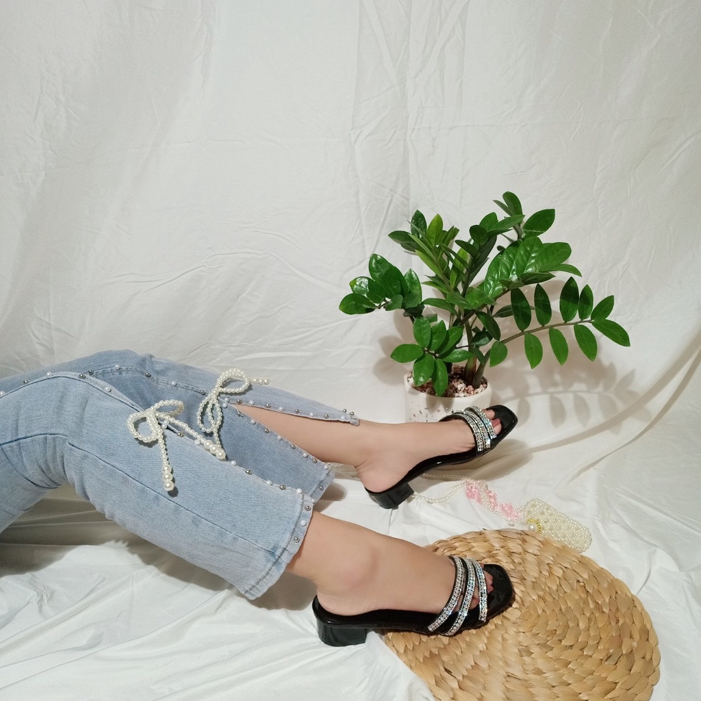 Giày sandal nữ 3cm 3 quai đính đá lấp lánh đi chơi,đi học, đi làm sang chảnh hình chụp thật_tb đá 3p