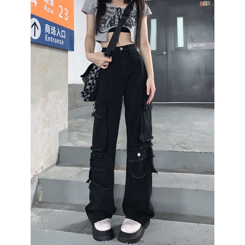 Jiashucheng Hàng Có Sẵn Quần Yếm Jean Ống Rộng Màu Sắc Tươi Sáng Retro Mùa Hè Cho Nữ