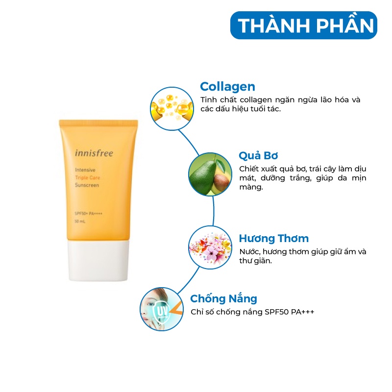 Kem chống nắng lâu trôi làm sáng da innisfree Intensive Triple Care Sunscreen SPF50+ Pa++++ 50ml