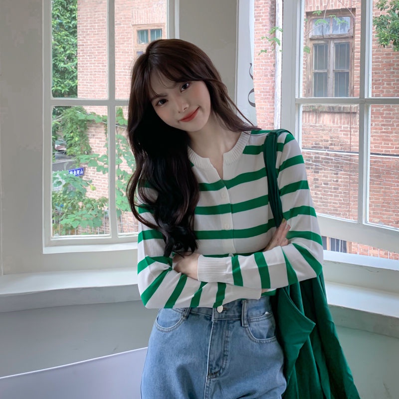 Áo Khoác Cardigan Dệt Kim Tay Dài Dáng Rộng Họa Tiết Kẻ Sọc Thời Trang Hàn Quốc Mới Cho Nữ