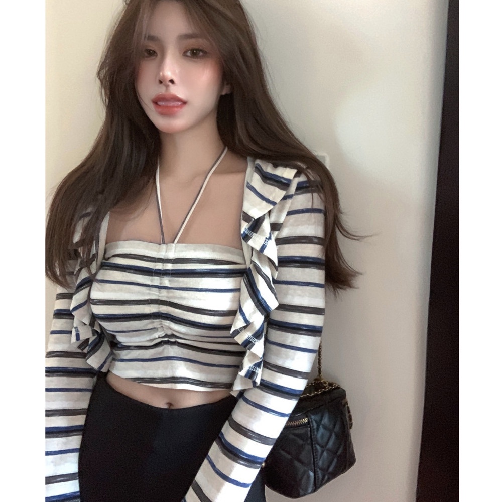Áo cardigan ngắn tay dài kẻ sọc thiết kế