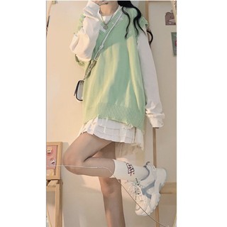 Áo gile len xanh lá phong cách Nhật Bản mix áo thun trơn basic