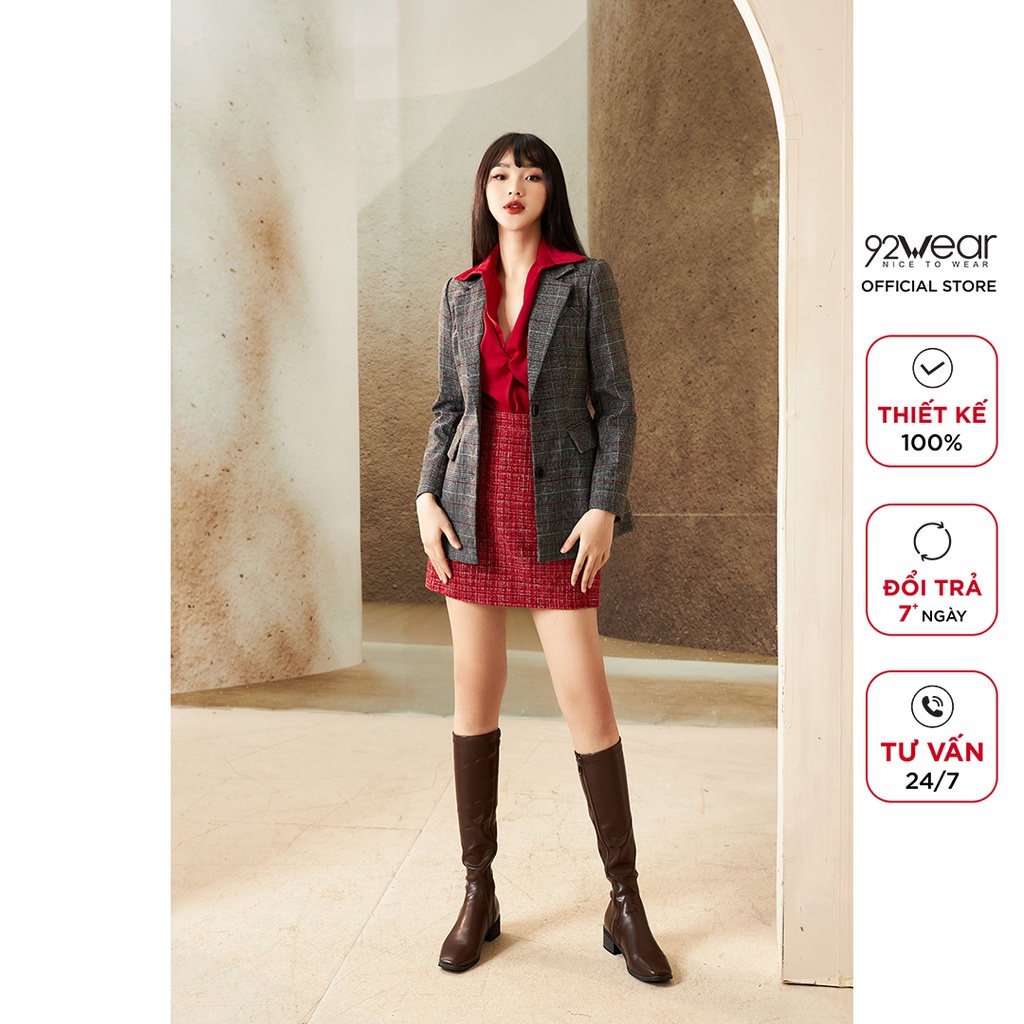 Áo vest nữ kẻ dài tay túi ốp 92WEAR, thiết kế hàn quốc cổ bẻ thanh lịch, trẻ trung VDA1799 | BigBuy360 - bigbuy360.vn