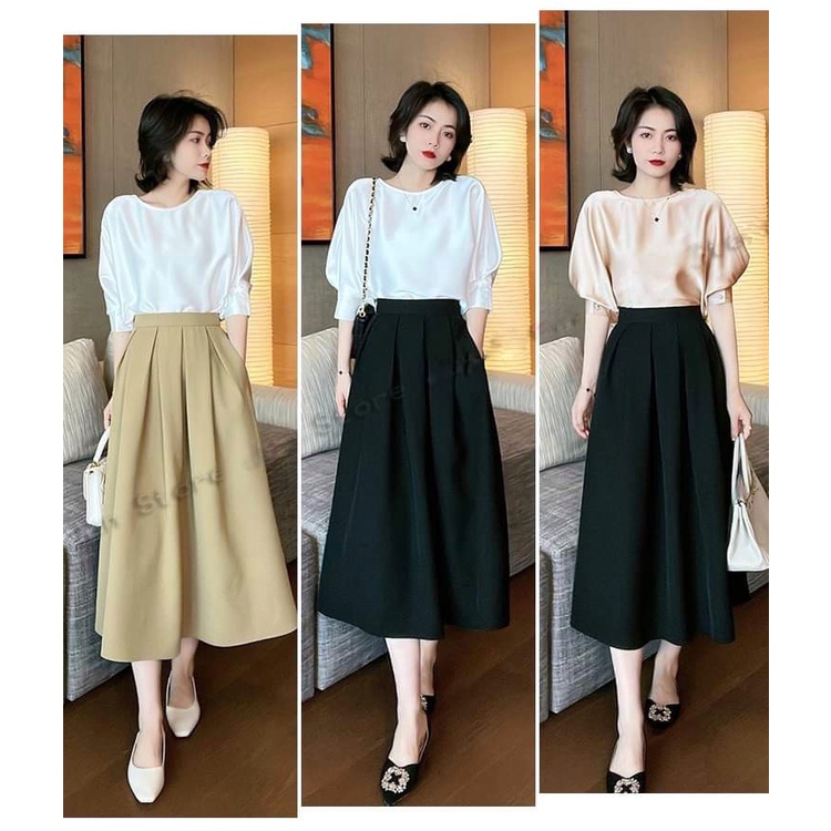 Set mix áo sơ mi lụa kết hợp chân váy kaki chéo hàn công sở, đi chơi, dự tiệc thanh lịch và sang trọng KANDY S29