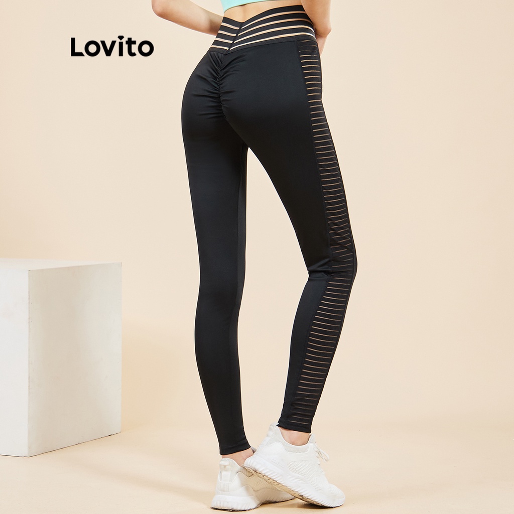 Quần legging Lovito lưng cao họa tiết sọc màu tương phản phong cách thể thao L15X222 (màu đen)