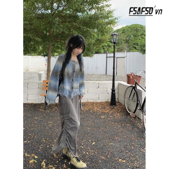 Áo Khoác Cardigan Ngắn Cổ Tròn Phối Tua Rua
